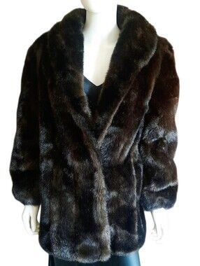 Vintage HILLMOOR NY Brown Faux Fur Mink Shawl Collar Coat Jacket w/Pockets Sz L